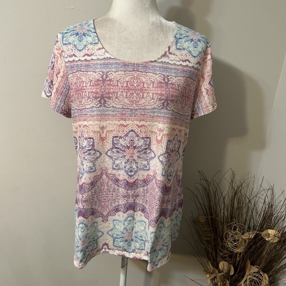 Chico’s Women Multicolor Paisley Scoop Neck Short Sleeve T-shirt Top Sz 1 / M